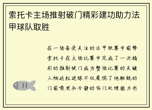 索托卡主场推射破门精彩建功助力法甲球队取胜